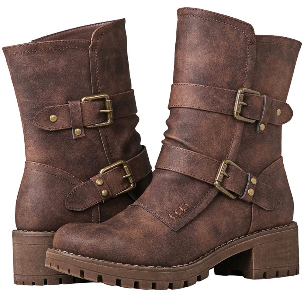Brown Buckle Mid Calf Boots Vegan Leather